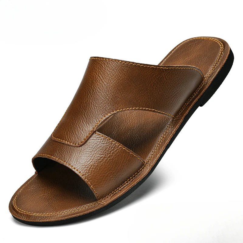 Men Black Genuine Cow Leather One Strap Slides Big Size EU46 EU47 Soft Comfort Sole Summer Beach Fashion Casual Leather Slippers