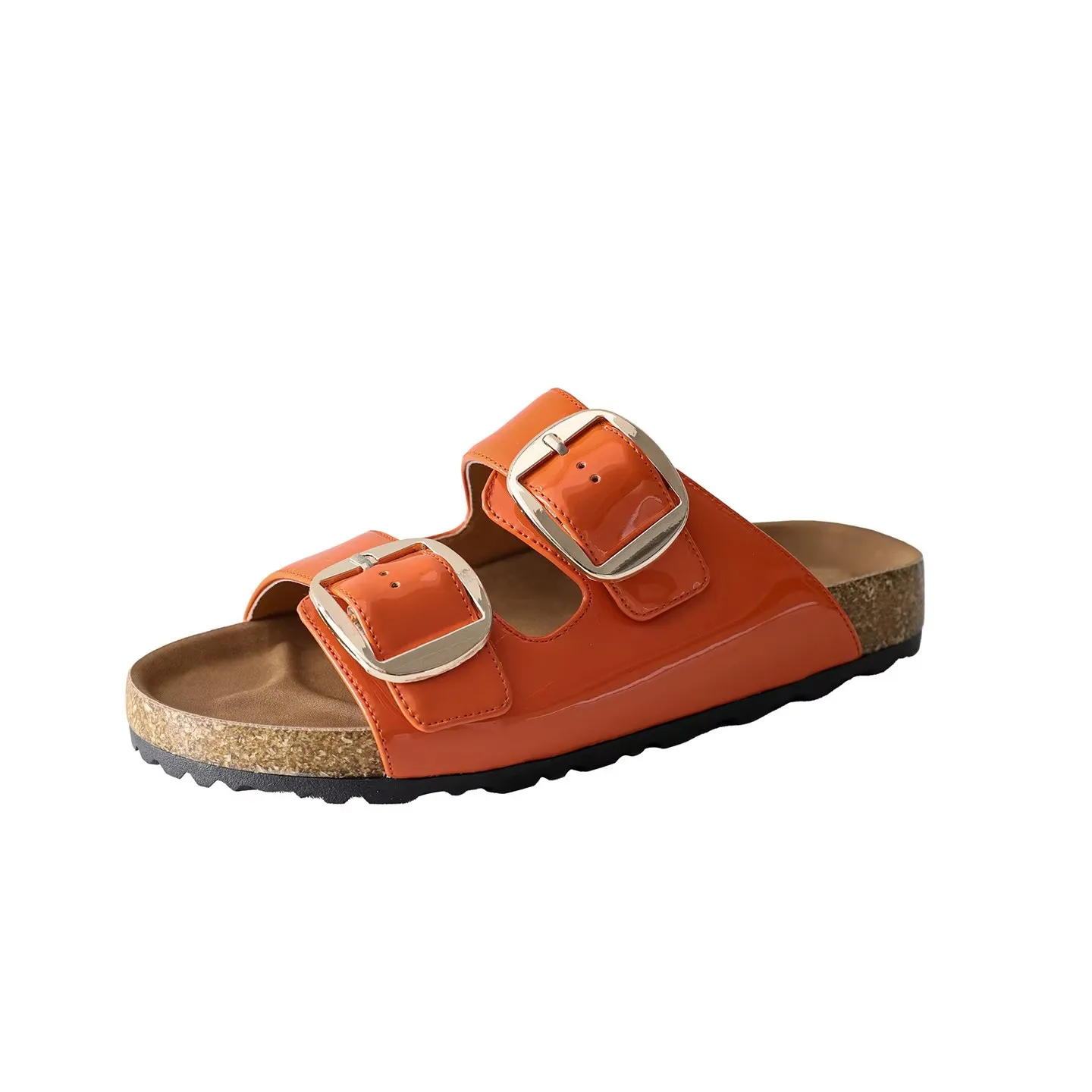 Genuine Leather Orange Flat Thick Bottom Belt Buckle One Word Slippers For Women Beach Outdoor Wear Cool Slippers