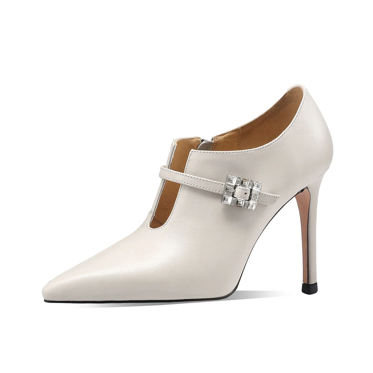 Arden Furtado White Cowhide Pointed Toe Stiletto Heel Pumps One Word Buckle Crystal Side Zipper High Heeled Single Shoes