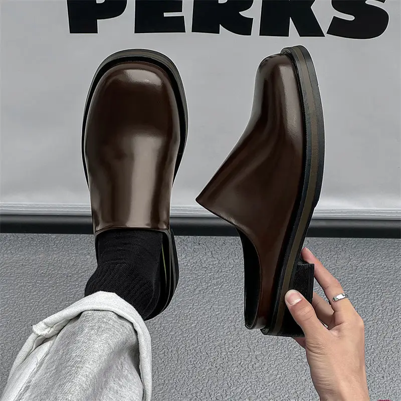2025 Men's Thick-soled Height Increase Outdoor Half-drag Square Head One-pedal Leather Commuter Casual Slippers Derby Shoes