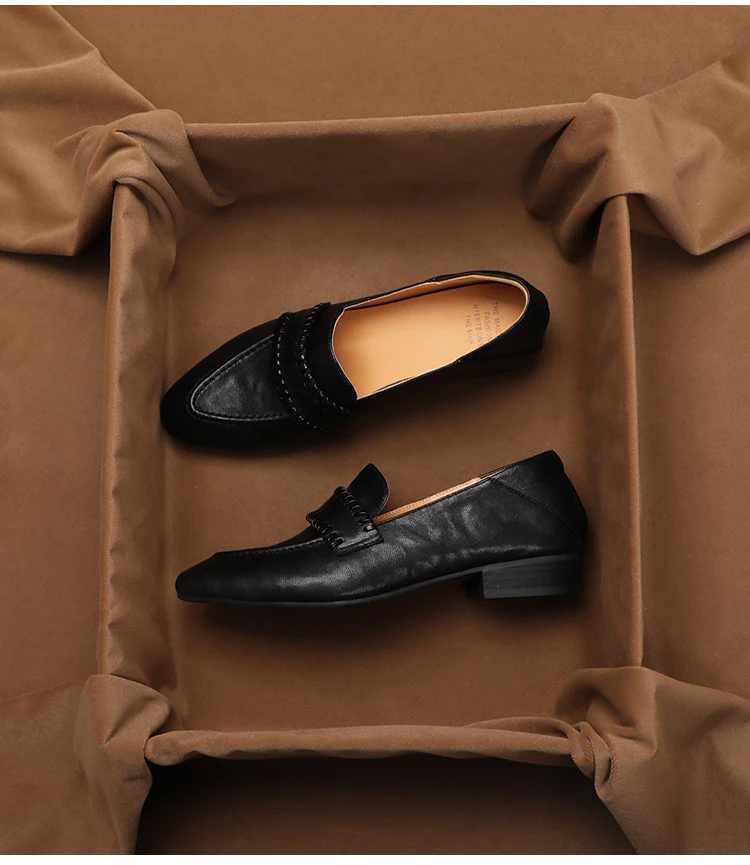 SHOEBOX Retro soft sheepskin one foot loafers, women's summer versatile commuting leather low coarse follow-up shoes