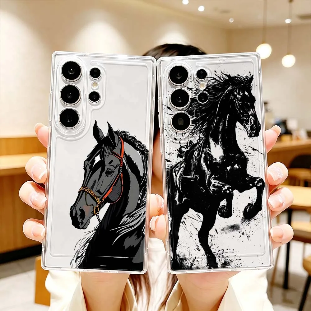 Black Running Horse Pattern Phone Case For Samsung Galaxy S26 S25 S24 S23 S22 S21 S20 Ultra Plus FE Pro 5G Transparent Cover