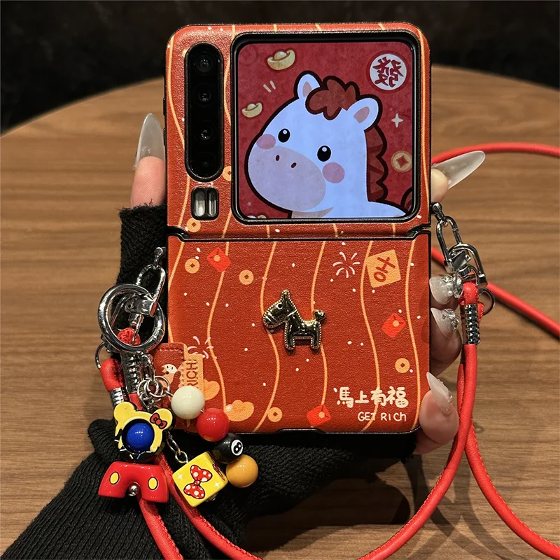 Luxury Metal Horse Flip Case for Motorola Razr50 /Razr50 Ultra/ Razr60 /Razr60Ultra Casing Red Leather Chinese New Year Get Rich