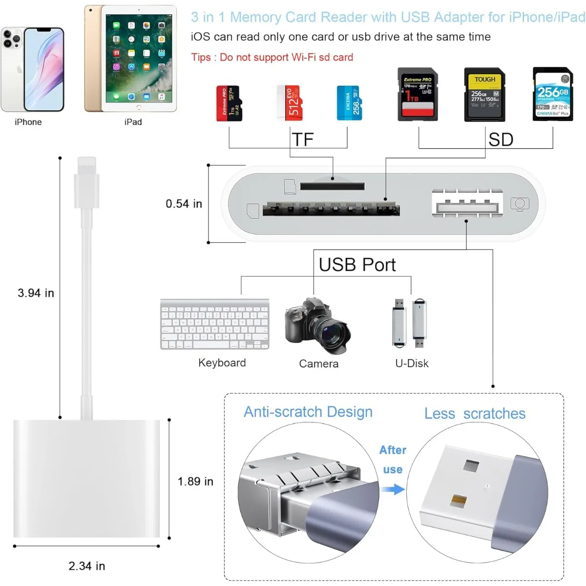 SD Card Reader for iPhone, Memory Card USB Camera  Plug and Play Trail Game Camera  SD and TF  MicroSD Card Adapter for iPad