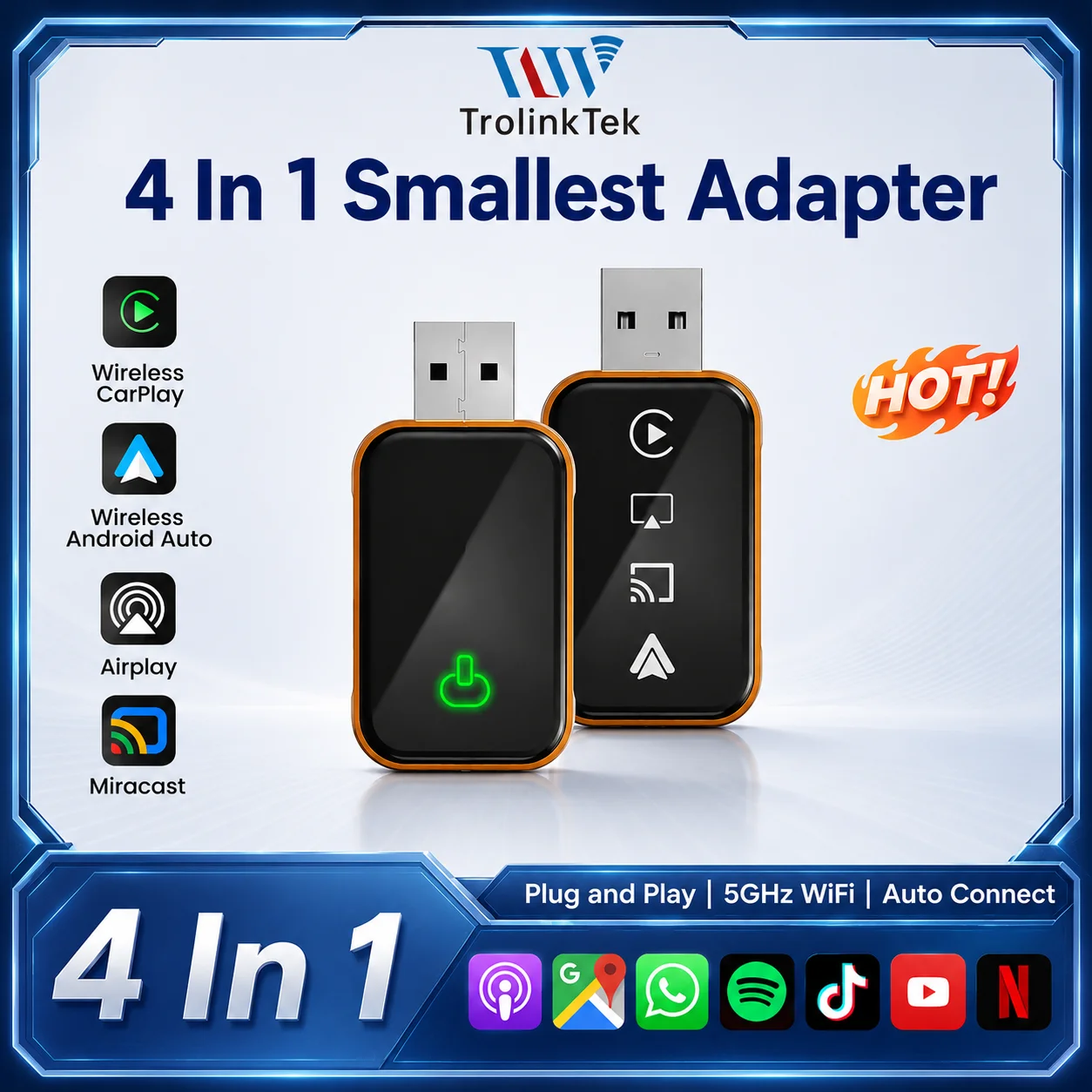 4 IN 1 Wireless CarPlay Adapter, Converts Wired to Wireless CarPlay Adapter for iPhone, Wireless Control Plug & Play CarPlay