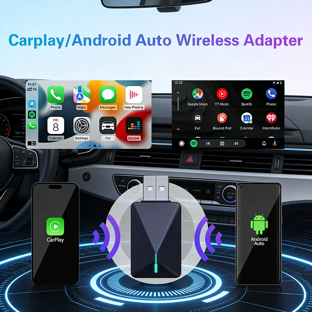 Wireless CarPlay Android Auto Adapter Dongle Convert Wired to Wireless Plug and Play Auto-Reconnect Fast Connection for OEM Cars