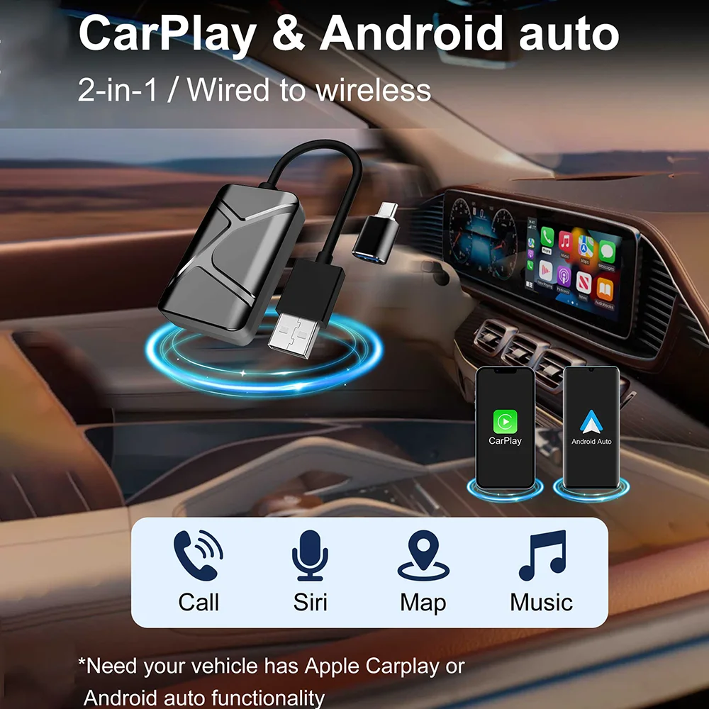 2-in-1 Wireless CarPlay & Android Auto Adapter Converts Wired to Wireless CarPlay, Plug & Play Stable Control & No Delay