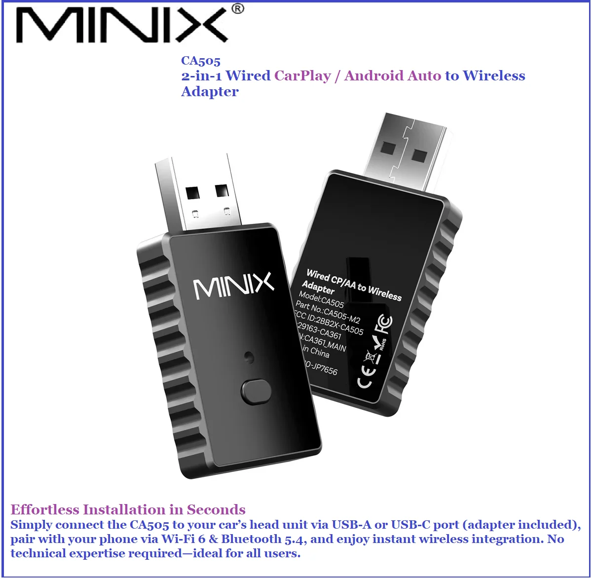 MINIX Wireless CarPlay & Android Auto Adapter, Convert Wired to Wireless for iPhone & Android, WiFi 6 Bluetooth 5.4 Plug & Play