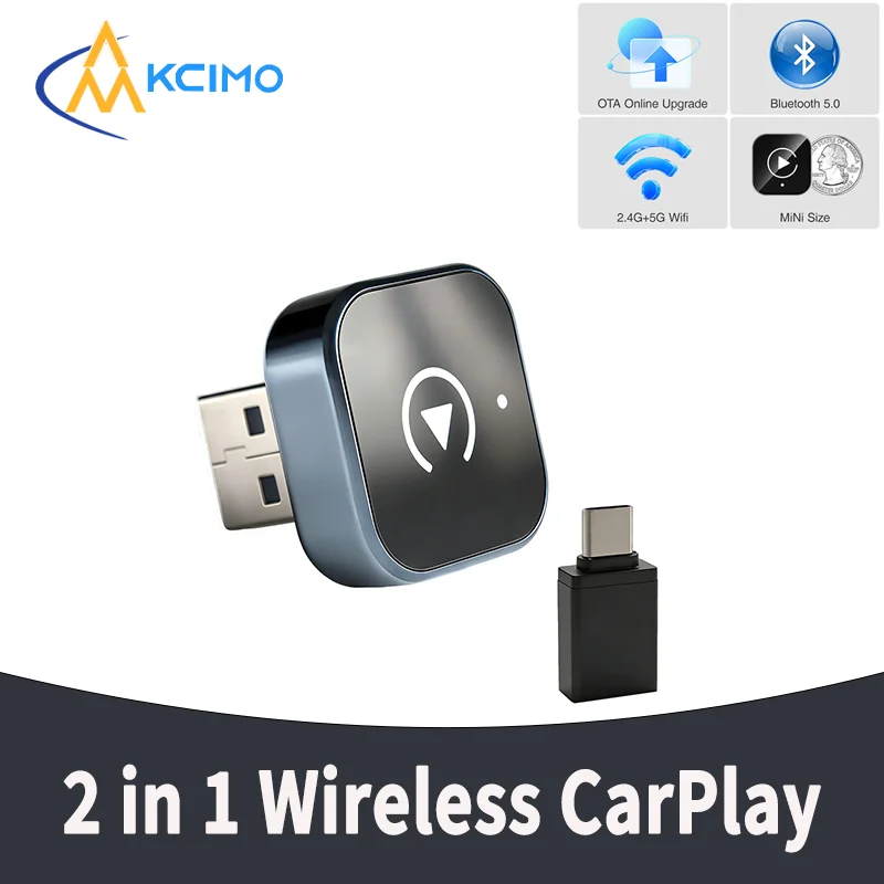Kcimo 2 in 1 Wireless CarPlay Adapter Android Auto AI Smart Box Plug and Play Dongle Converts Factory Wired to Wireless for Car