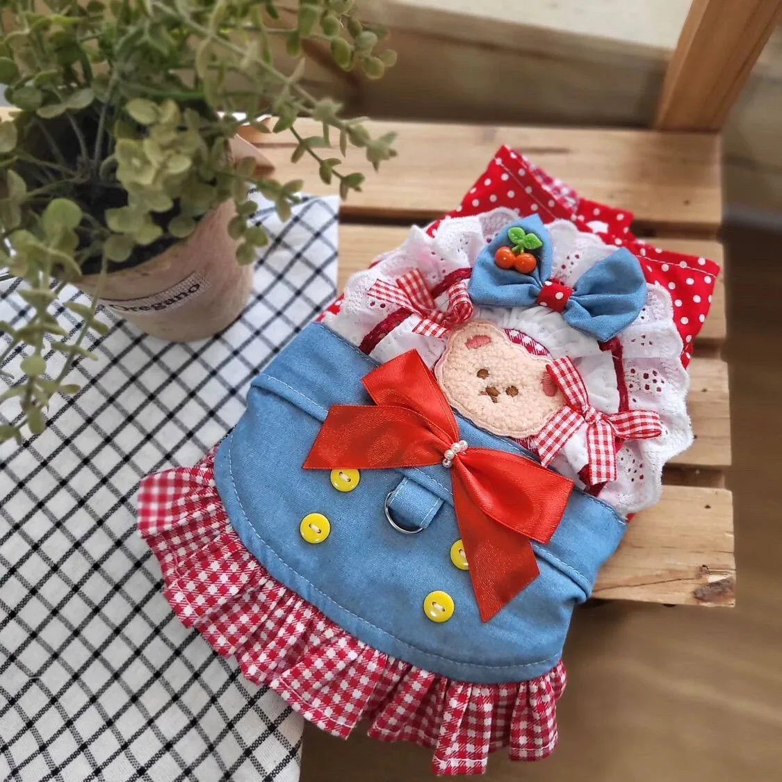 Spring Pet Clothes Classic Red Grid Dress Bichons Cartoon Pattern Pullover Teddy Casual Clothing XS-XL