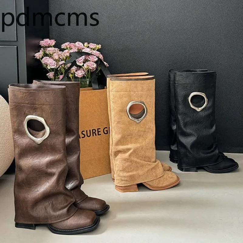 New Women's Shoes Autumn Metal Hollow Out Fashion Boots Designer Square Headed Knight Boots High Leg Pants Boots Botas Feminina