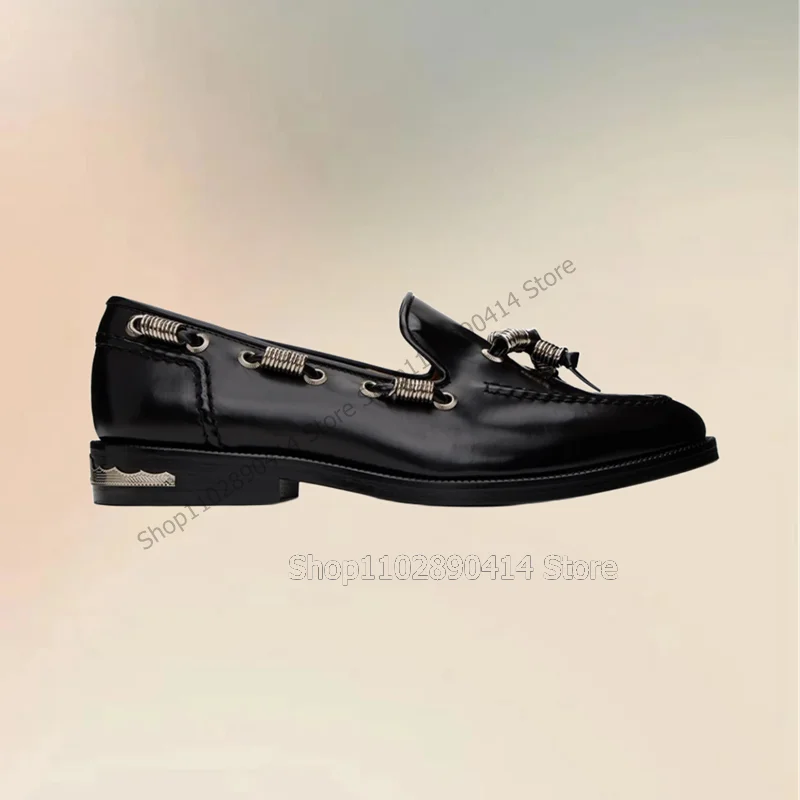 Metal Circle Decor Black Sewing Design Loafers Fashion Slip On Men Shoes Luxury Handmade Party Banquet Office Men Casual Shoes