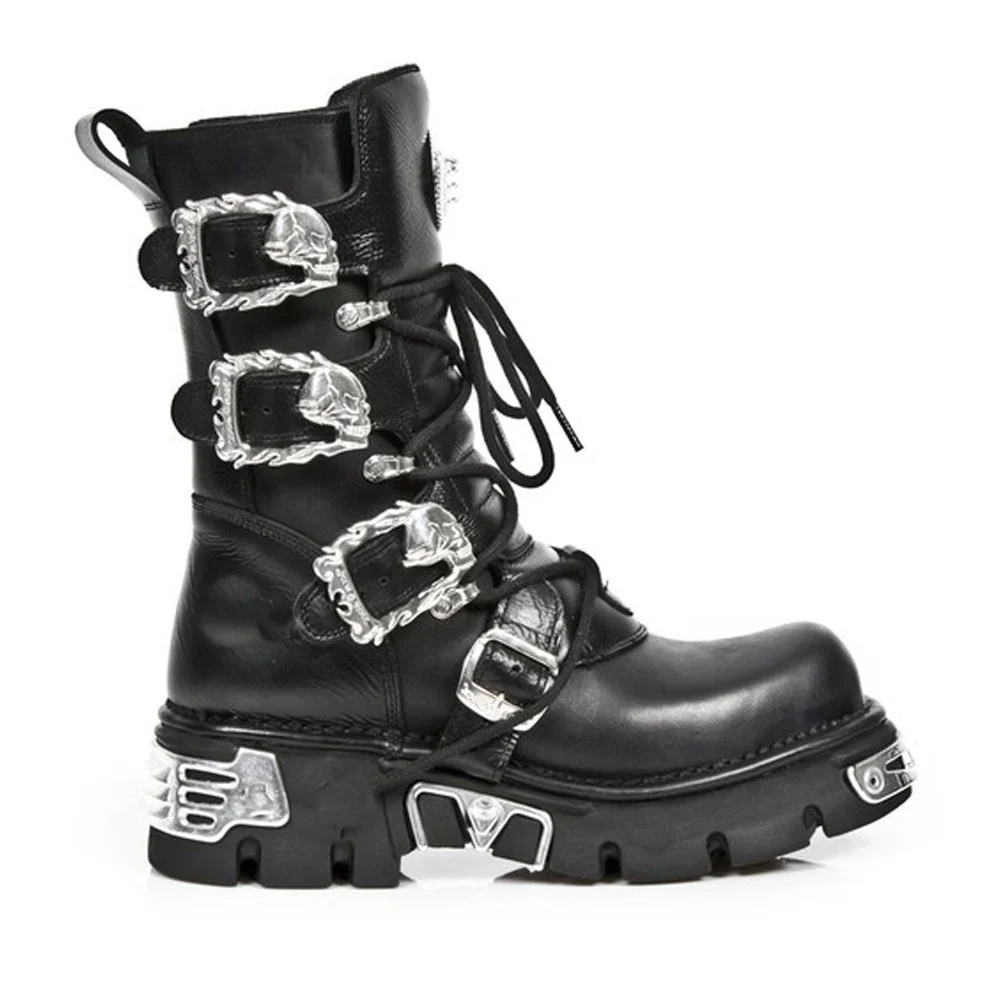 New Men's Punk Motorcycle Boots Metal Thick Heel Goth Skull Buckle Mid- Calf Combat Boots Zipper Round Toe Women Western Boots