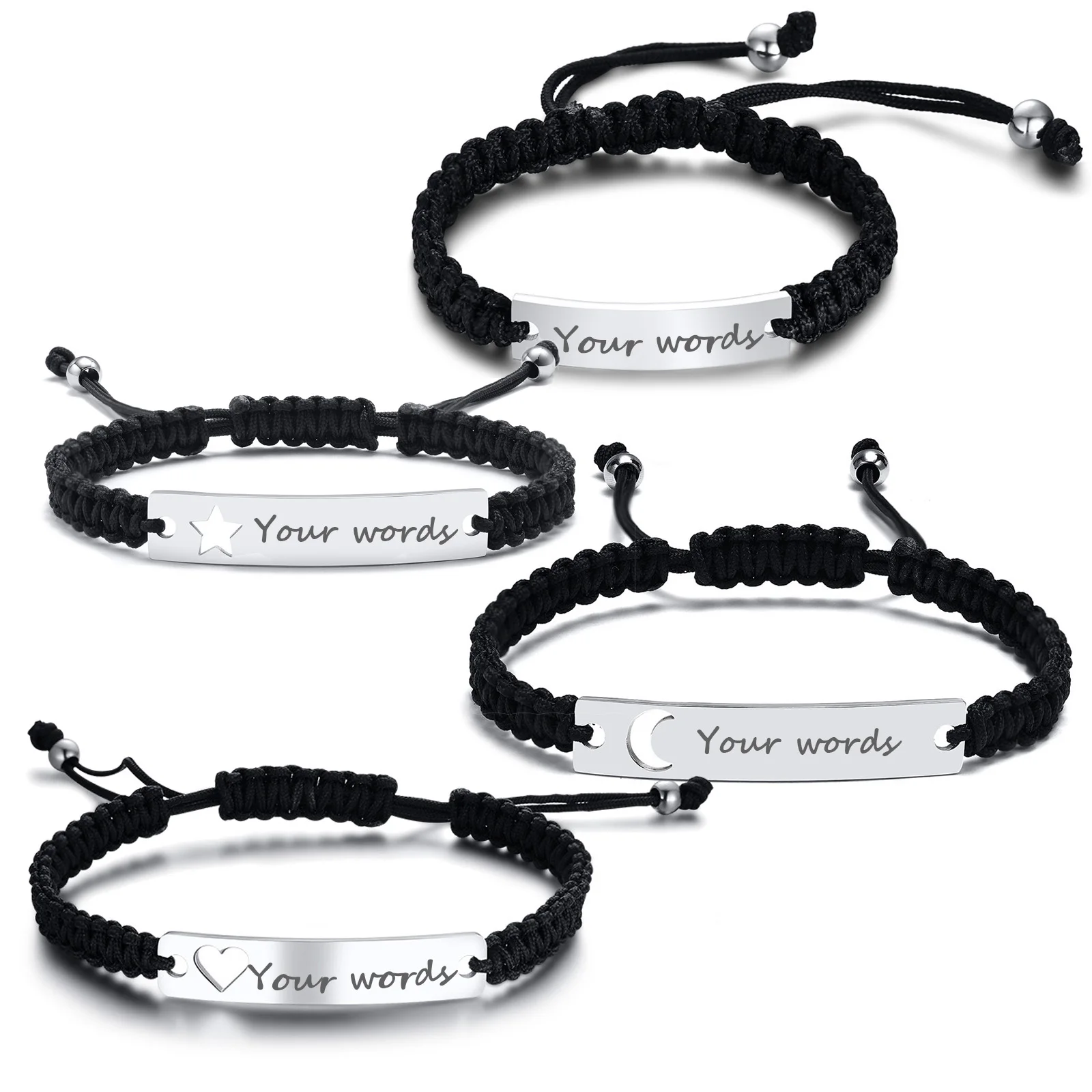 Custom Vintage Braided Rope Chain Heart Star Moon With Personalized Name Initial Quote Custom Engrave Stainless Steel Jewelry