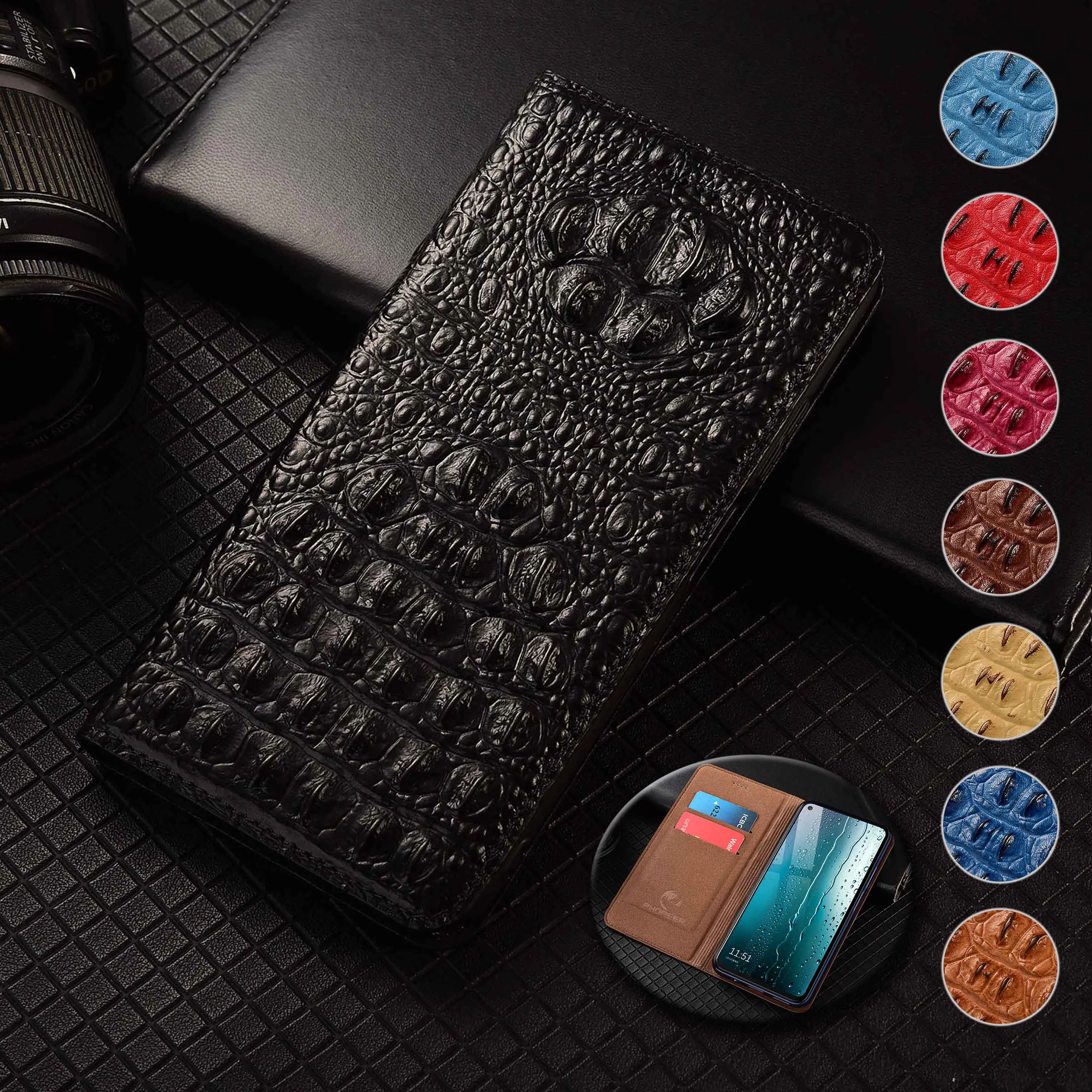 For Realme X XT X2 X3 3 5 6 7 8 8i 9 9i 10 Pro Plus Crocodile Claw Pattern Genuine Leather Wallet Flip Phone Cover Case Cowhide