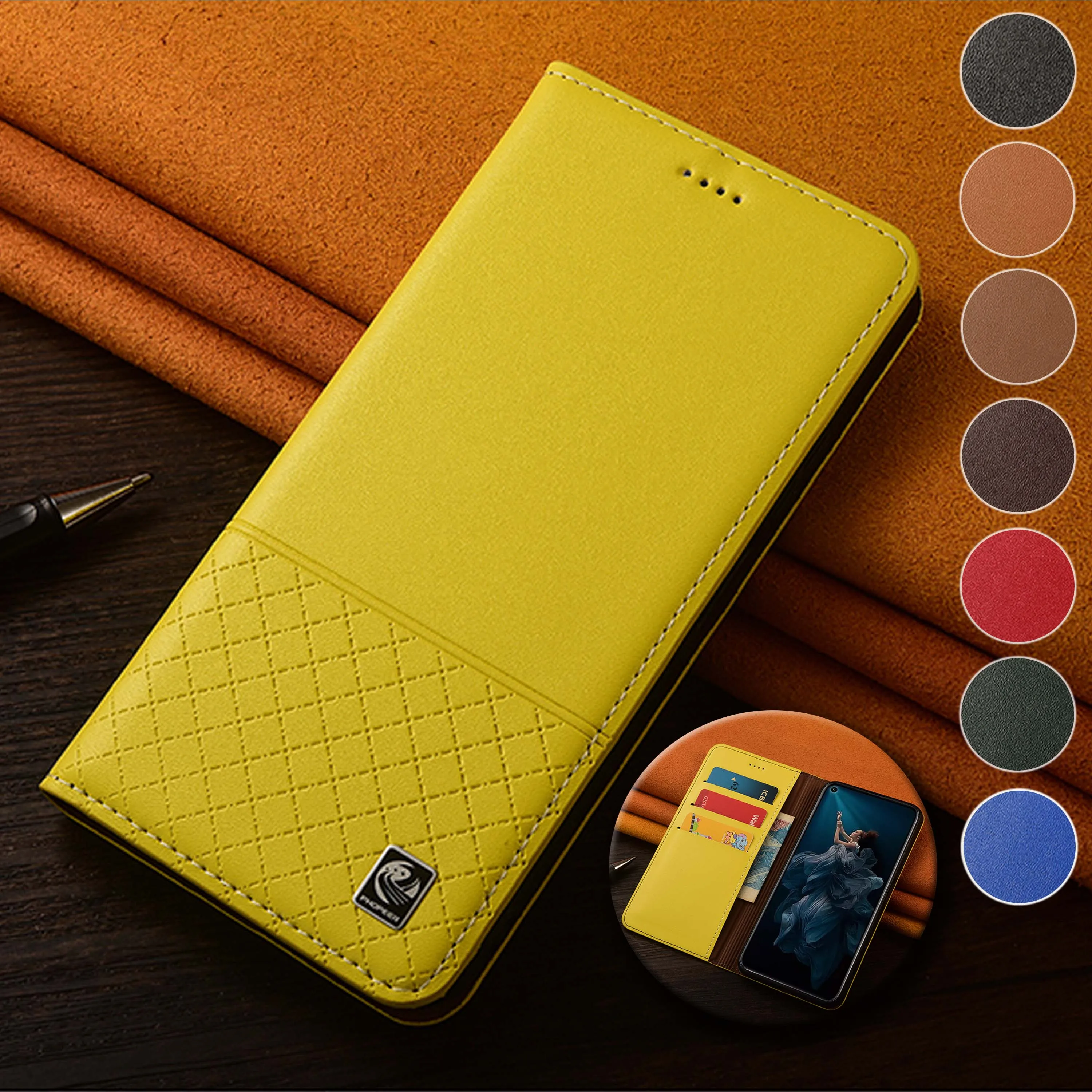 For Realme X XT X2 X3 3 5 6 7 8 8i 9 9i 10 Pro Plus Napa Below Grid Pattern Genuine Leather Wallet Flip Phone Cover Case Cowhide