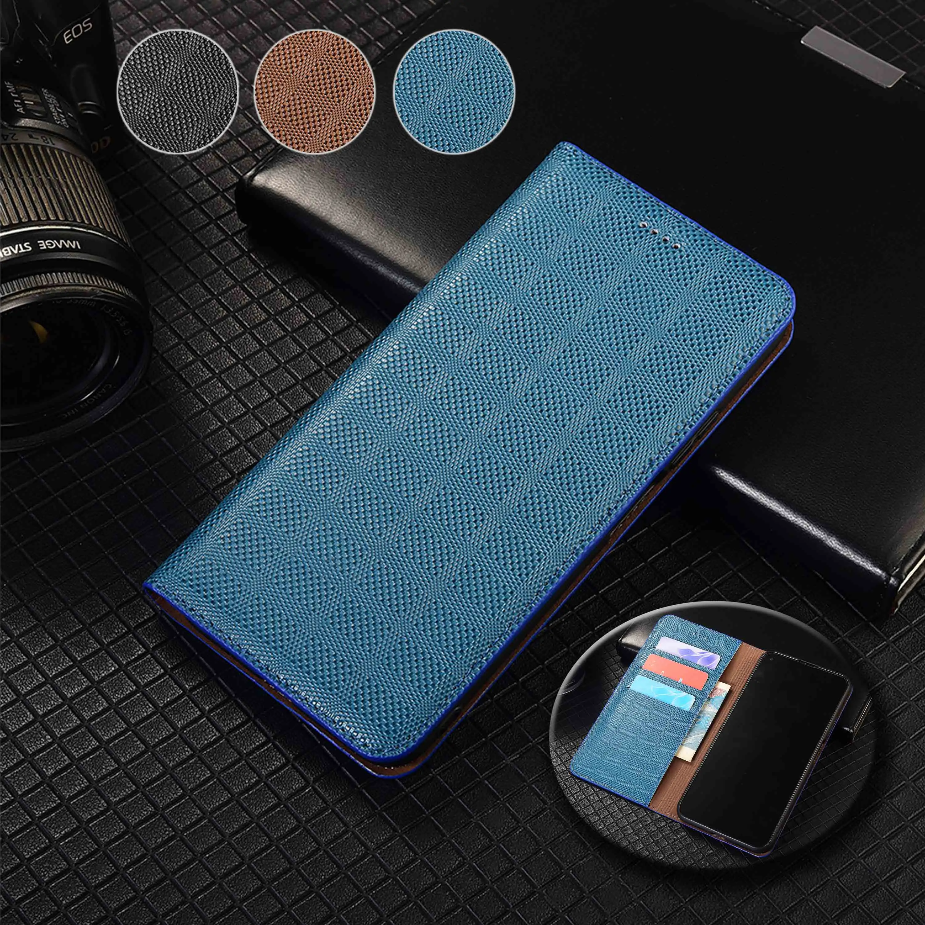 For Realme X XT X2 X3 3 5 6 7 8 8i 9 9i 10 Pro Plus Crosshatch Pattern Genuine Leather Flip Phone Case Cowhide Scratch Proof