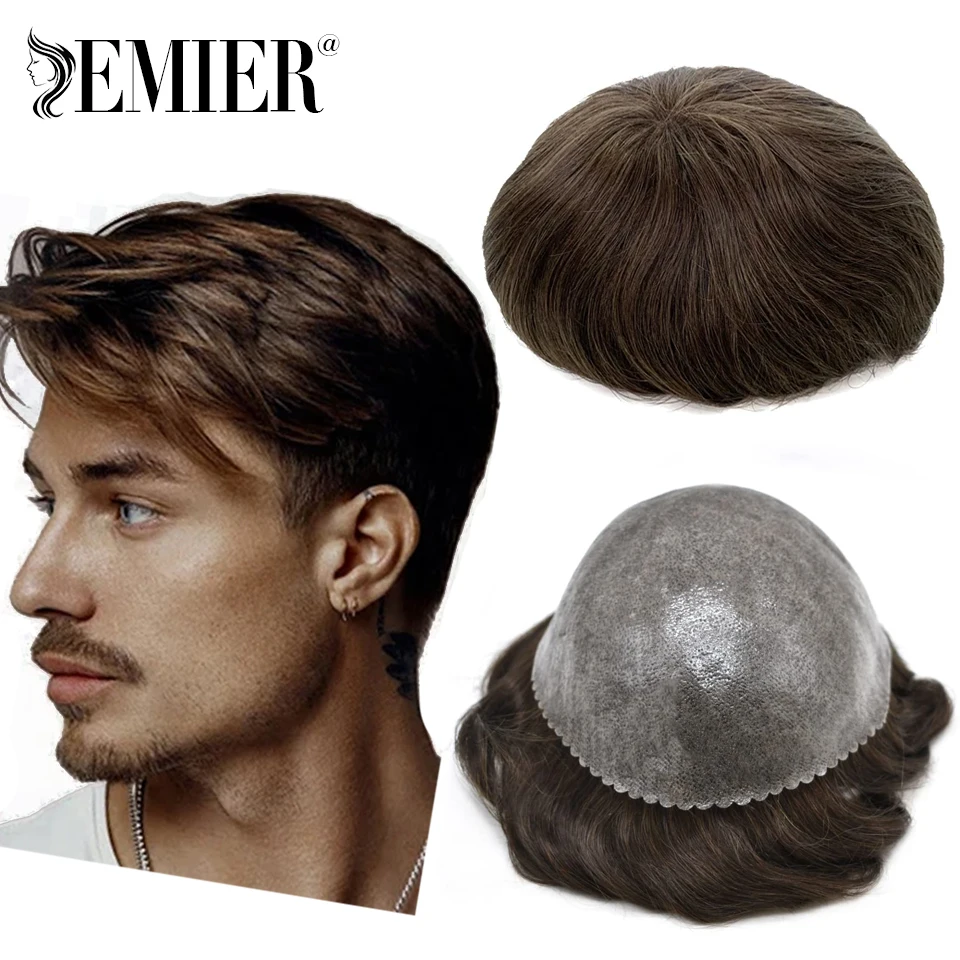 100% Human Hair Men Wigs Full Durable Thin Skin Pu Base 0.1mm Male Wigs Replacement Unit Capillary Prosthesis Men Wigs