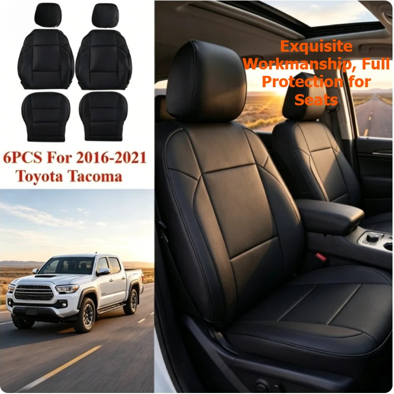 6PCS for 2016-2021 Toyota Tacoma PU Leather Car Custom Seat Covers Driver Passenger Side Bottom Replace Leather Seats Seat Cover