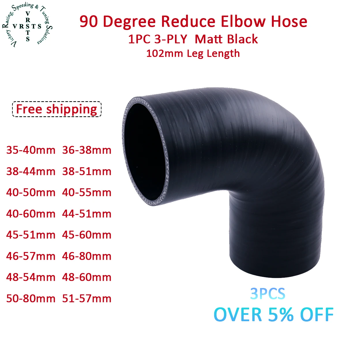 3PLY 90° 102mm Length 90 Degree Reduce Elbow Silicone Water Hose ID 35 36 38 40 44 45 46 48 50 51 55 57 60 80 mm 1PC Matt Black
