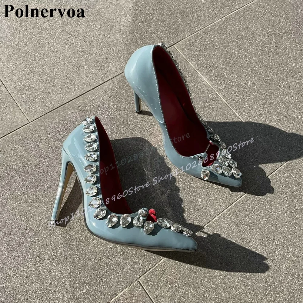 Solid Patent Leather Sparkling Crystal Pumps Thin High Heel Women Shoes Slip On Pointed Toe 2025 Fashion Zapatos Para Mujere