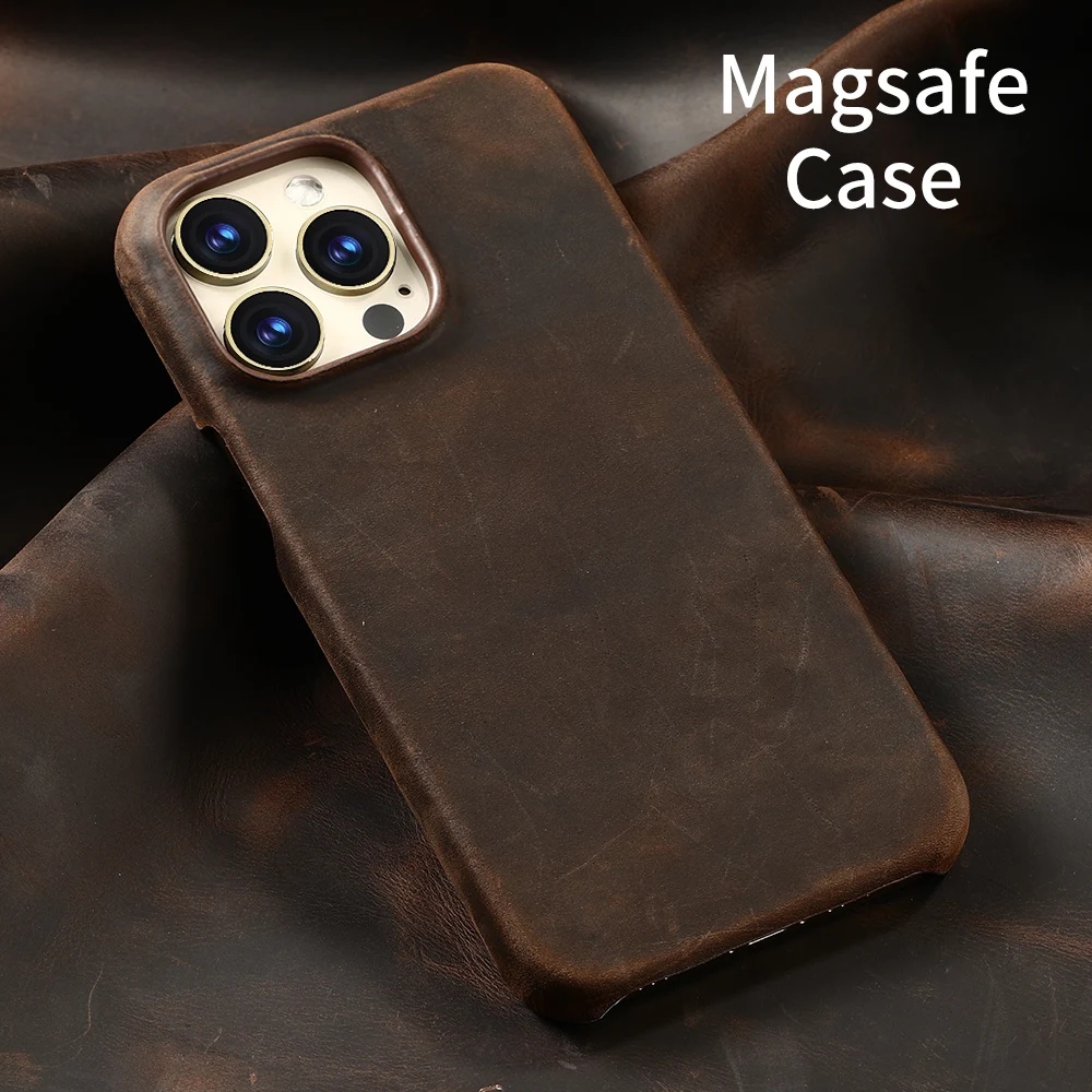 for Magsafe Case for iPhone 17 Air 16 15 18 Pro Max Retro Luxury Full Grain Cowhide Genuine Oiled PULL-UP Leather Magnetic Cover