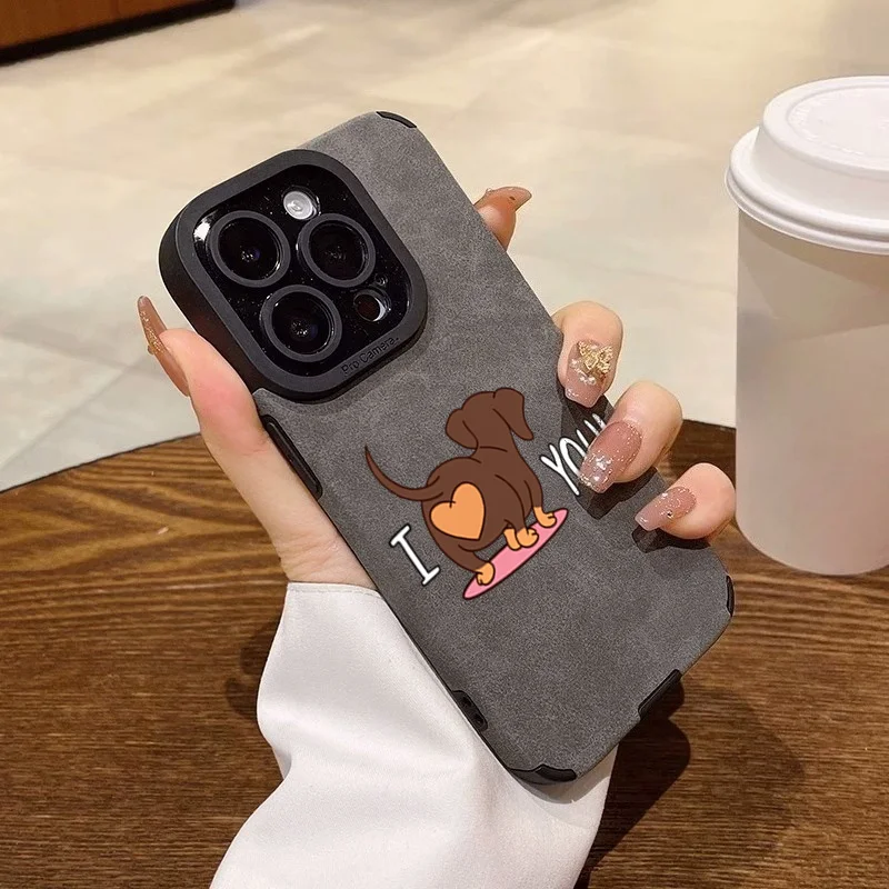 Cute Dachshund Heart Print Phone Case For iPhone 11 12 13 14 15 16 Pro Max 17 Pro Max Air X XR XS 7 8 Shockproof Leather Cover