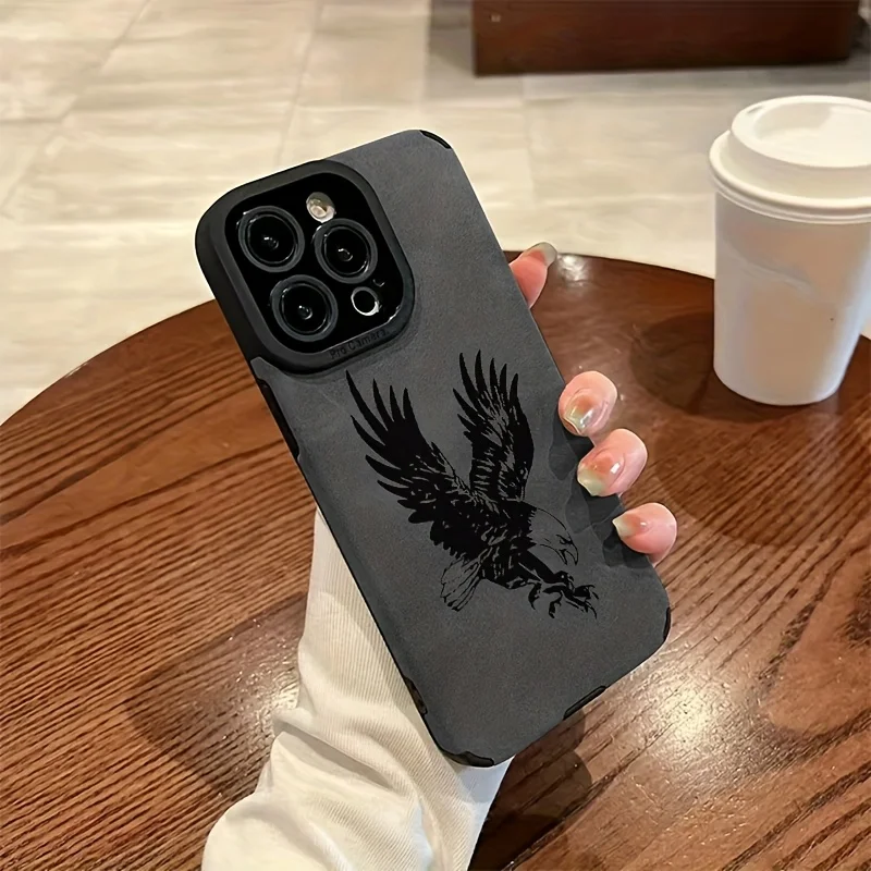 Black Eagle Pattern Leather Silicone Phone Case for iPhone 17 16 15 14 13 12 11 Pro Max 16 Plus Air X XR XS Max Shockproof Cover