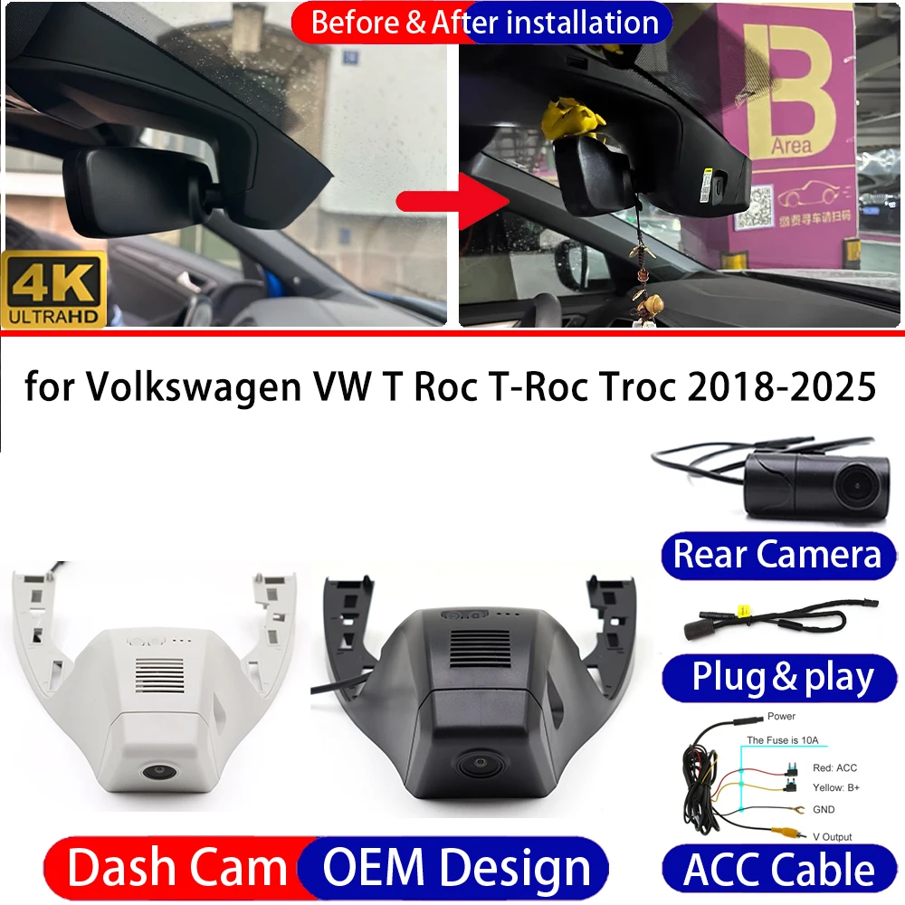 Dash Cam for Volkswagen VW T Roc T-Roc Troc 2018-2025 Front&Rear 4K UHD DVR Dashboard Camera Video Drive Recorder Night Vision