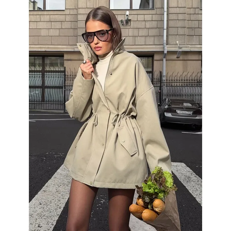 High Stand Collar Trench Zip Up Drawstring Adjustable Waist Multi Pocket Oversized Loose Mid Length Casual Outer Jacket 260602