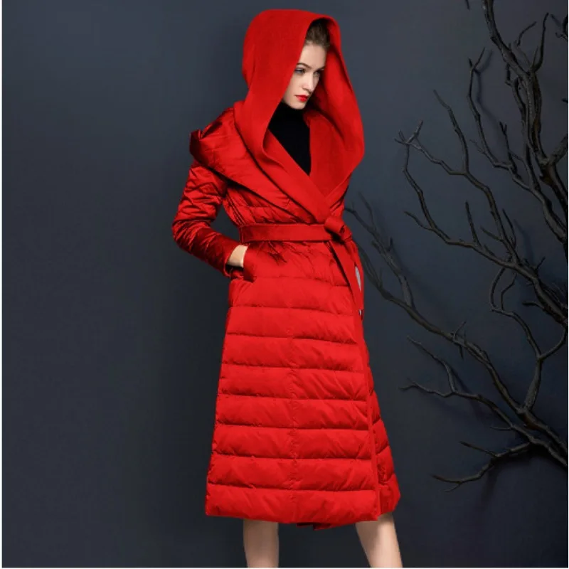 Luxury High Quality Quilted Thicken Warm Down Jacket Women's Winter New Drawstring Mid-length White Duck Down Womens Down Jacket