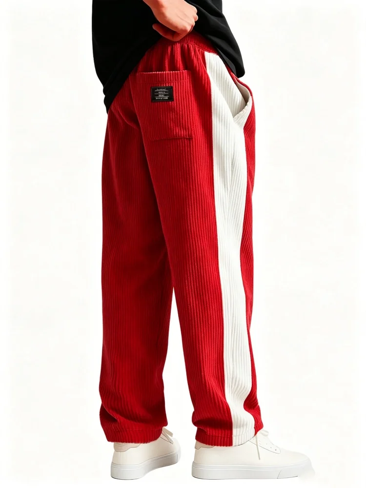 Men's Fashion Red White Side Stripe Corduroy Straight Pants Adjustable Drawstring Daily Street Bottoms