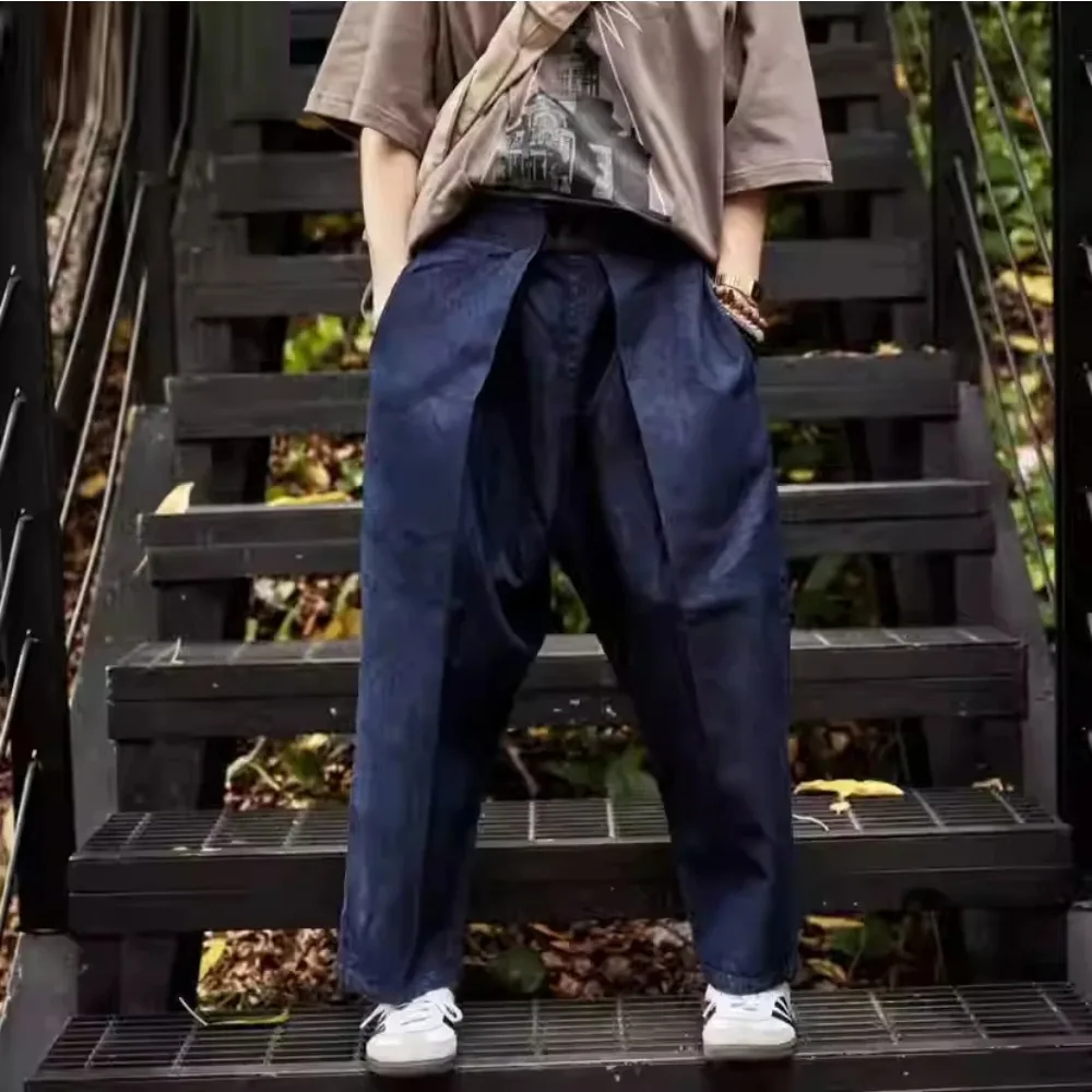 Retro Blue Dyed Kapital Vintage Loose Elastic Waist Adjustable Jeans for Men