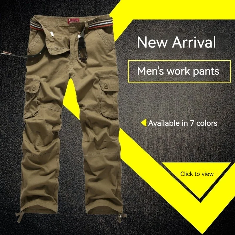 Men Cotton Cargo Pants Multi Pockets Loose Straight Work Trousers Adjustable Ankle Strap Outdoor Hiking Casual Tactical Pants