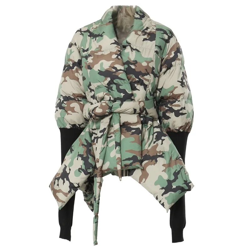 Women's Winter Tops Cotton Jacket Mid-length Camouflage Splicing Waist Slim New Loose Ambiance Personalized Niche Vintage Design
