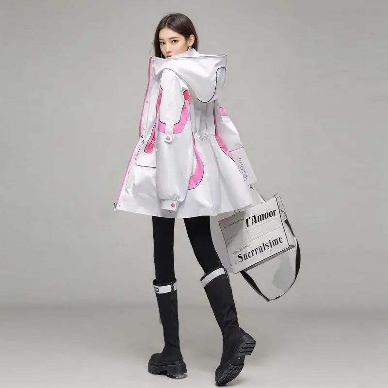 Women's Trench Coat Hooded Jacket Spring Autumn Patchwork Cargo Jacket New Loose Mid-length Drawstring Casual Windbreaker