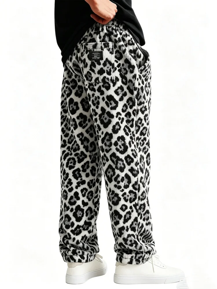 Men's Adjustable Drawstring Corduroy Trousers Classic Leopard Pattern Casual Straight Leg Bottoms