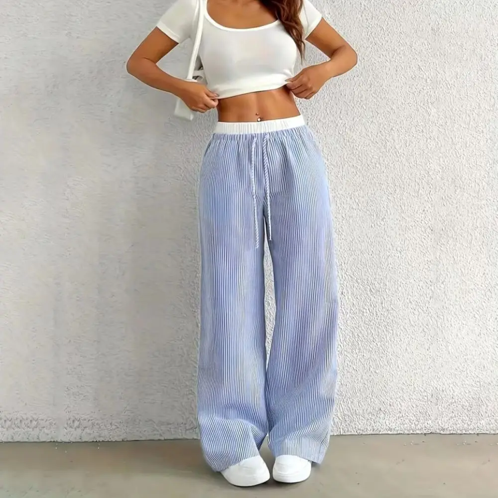 Long Pants Women’s Wide-leg Casual Pants Elastic Waist Adjustable Drawstring Trousers Striped Design Long Daily Wear Bottoms