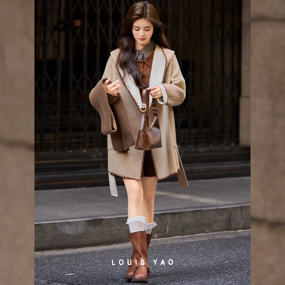 LOUIS YAO Color Block Double-Faced Hooded Women's Coat 2025 Autumn England Style Mid-Length Outerwear Casual Wool Blend Coat