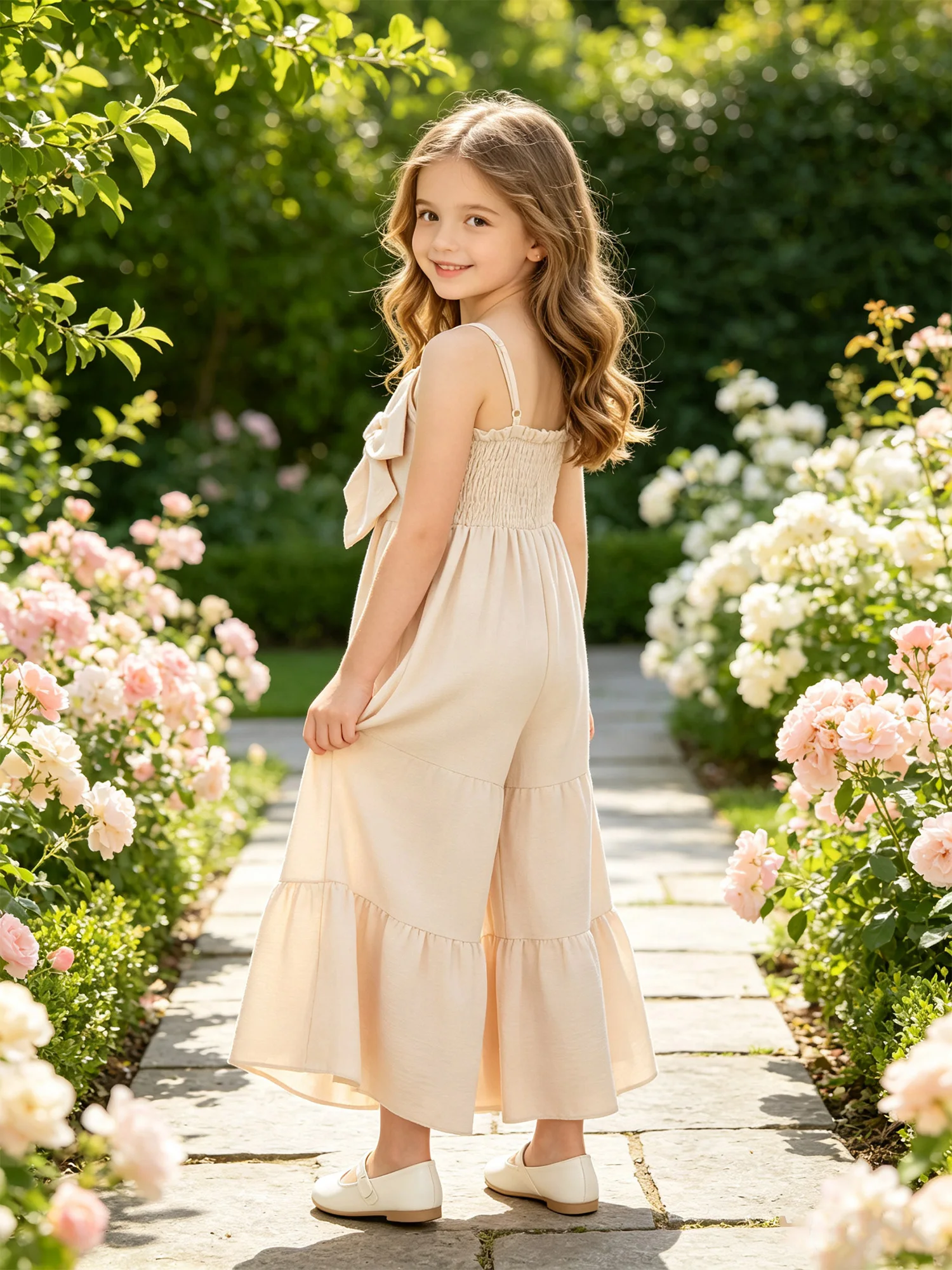 Kids Girls Bowknot Flared Jumpsuit Sleeveless Adjustable Spaghetti Straps Ruffle Bell-bottom Romper for Casual Daily Life Party