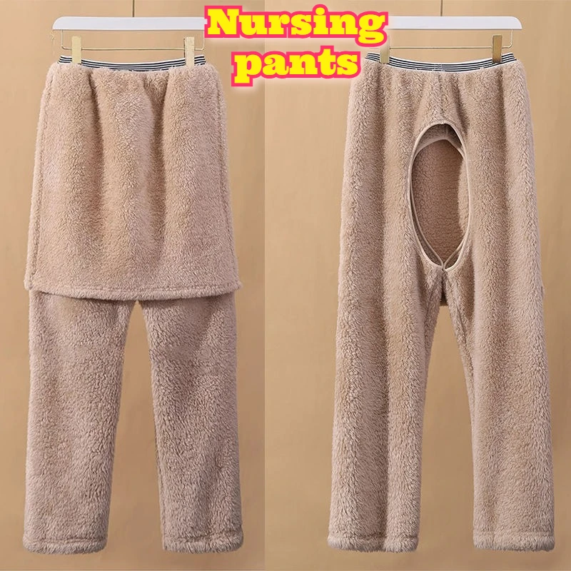 Thermal Fleece Pants Bedridden Elderly Open Crotch Winter Sleepwear Thick Coral Flannel Adjustable Waist Easy Care Warm Nursing