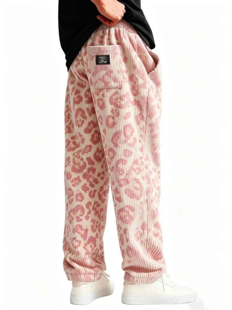 Men's Fashion Pink Leopard Print Corduroy Straight Pants Adjustable Drawstring Daily Street Bottoms