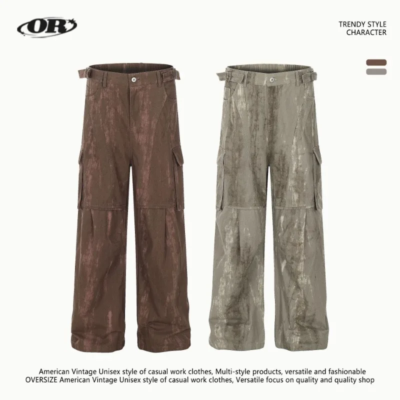 OR FL Retro Tie Dye 100 Cotton Women Staraight Cargo Trousers Advanced Aging Adjustable The Waist Wide Leg Floor Length Pants