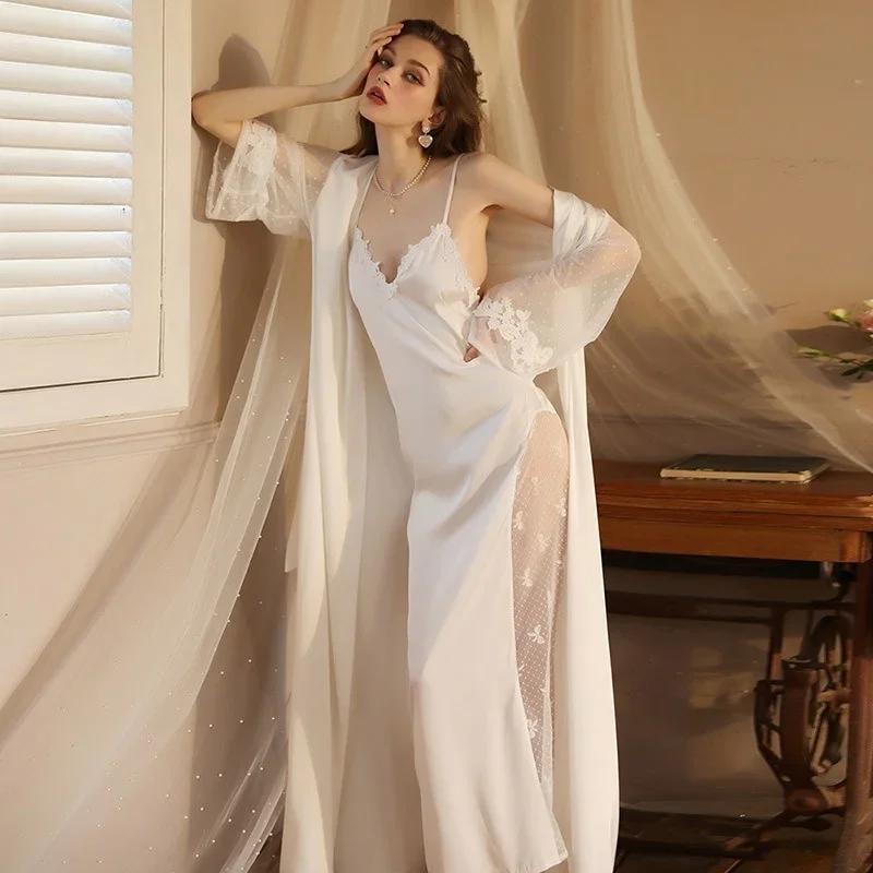 2025 Robe Women's Satin Kimono Robe Long Sleeve Full Length Luxury Loungewear Convertible Wrap Women Sleepwear Adjustable