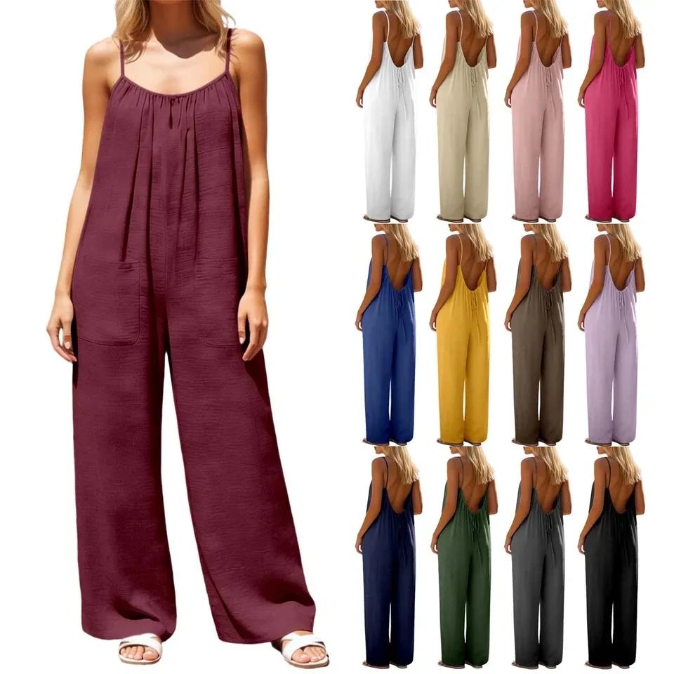 Women Backless Jumpsuit Wide Leg Long Pants Summer Vacation Loose Beach Jumpsuits Solid Color Adjustable Romper Casual Overalls