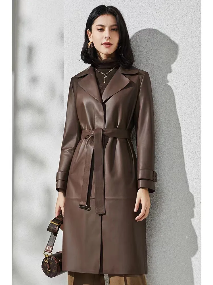 Women's Stylish Casual Mid-Length Genuine Leather Sheepskin Trench Coat Spring Autumn Versatile Outerwear