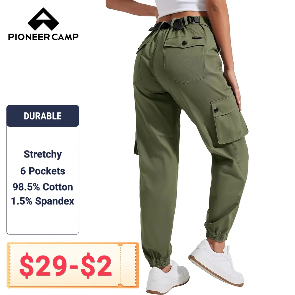 Pioneer Camp Women's Stretchy Cargo Pants with Pockets High-Rise Casual Hiking Cotton Joggers Adjustable Waistband with Belt