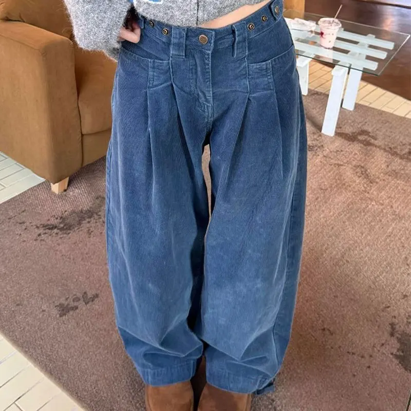 Vintage High Waist Pleated Corduroy Wide Leg Pants Women Adjustable Metal Button Autumn Winter New Loose Baggy American Trousers