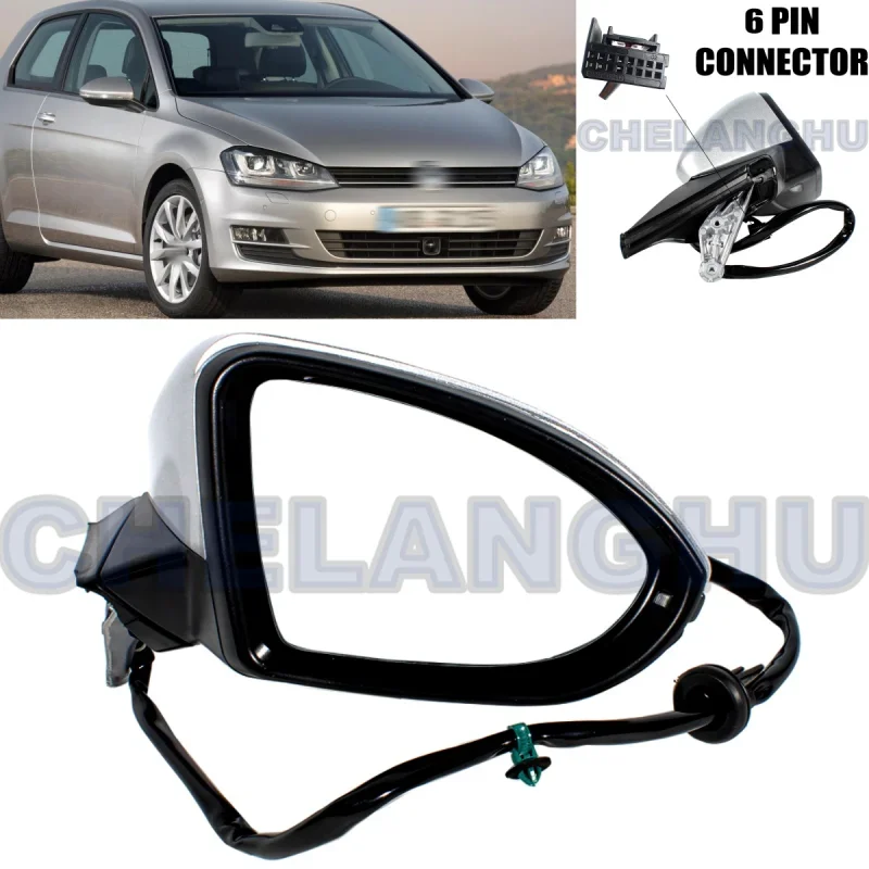 Right 6Pins Mirror Assembly For VW Golf 7 2013 2014 2015 2016 2017 2018 2019 2020 Silvery With Power Adjust Turn Light Heat