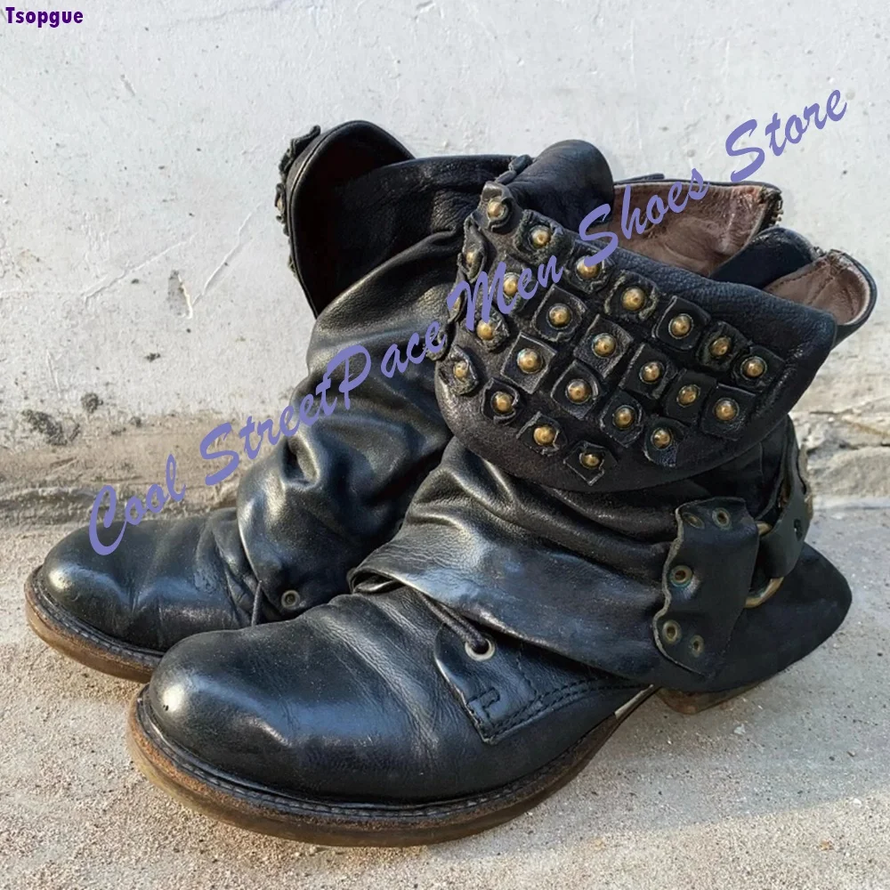 Punk Street Studded Strap Slouch Mid Calf Boots Men Distressed Washed Leather Ruched Shaft Back Zipper Vintage Motorcycle Boots